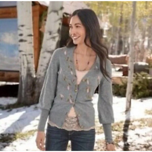 Sundance Sweaters - Sundance Afterlight Cardigan Sweater Merino Wool Embroidered Grey Pink Womens XL